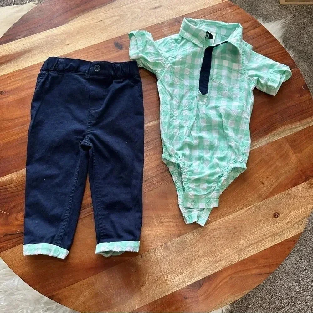 MACY’S FIDST IMPRESSION‎ Baby Boy 12M Dressed Up Outfit Green Gingham Check